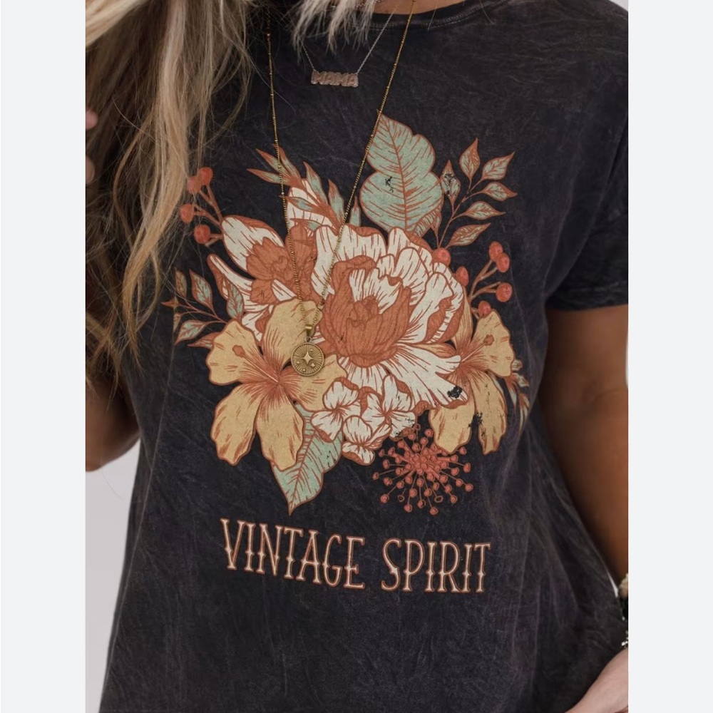Three Bird Nest Black Vintage Spirit Floral Tee